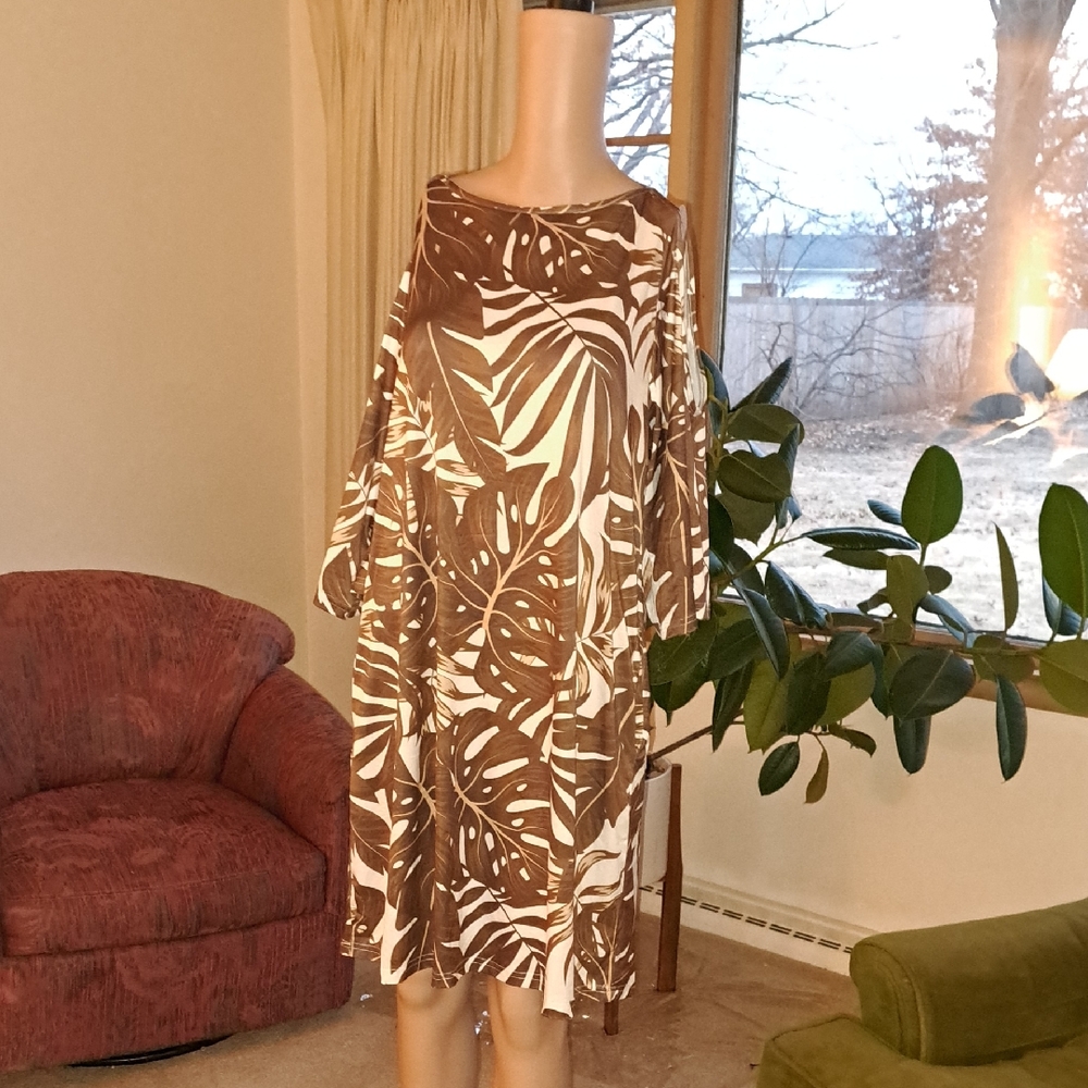 🗽Bon apple tea Chic Brown and White Leaf Print Dress L new no tag